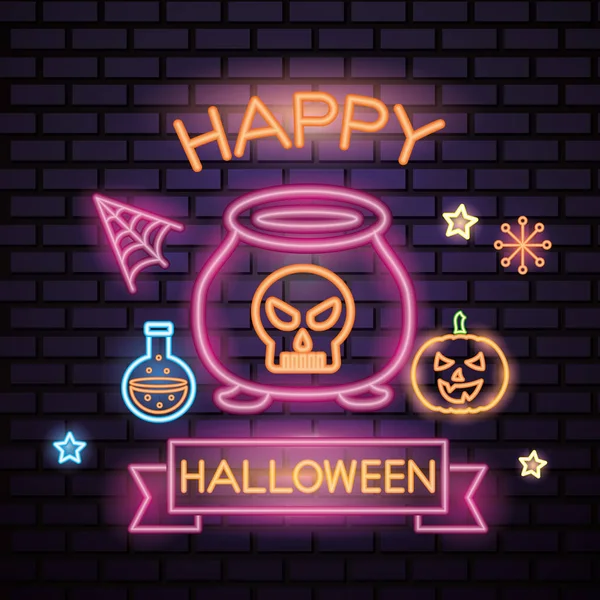 Heureux Halloween Célébration Néon Potion Chaudière Citrouille Étoiles Vecteur Illustration — Image vectorielle