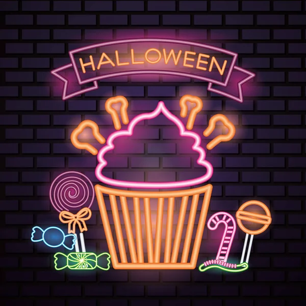 Glücklich Halloween Feier Kuchen Süßigkeiten Süßen Neon Stil Vektor Illustration — Stockvektor