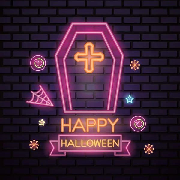 Heureux Halloween Célébration Étoiles Bonbons Tombeau Effrayant Néon Style Vectoriel — Image vectorielle