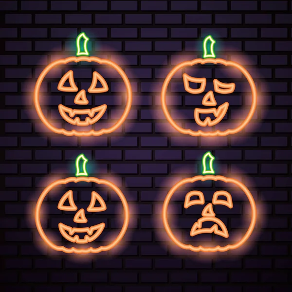 Feliz Halloween Celebração Abóboras Fazendo Gestos Estilo Neon Vetor Ilustração — Vetor de Stock