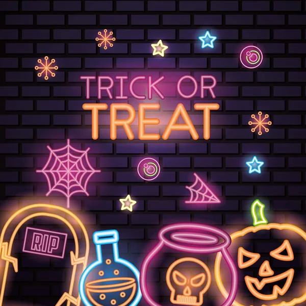 Felice Festa Halloween Trucco Trattare Neon Ragnatela Candys Pozione Caldaia — Vettoriale Stock