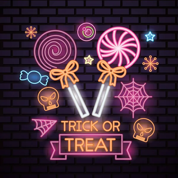 Feliz Halloween Celebração Pirulitos Crânios Doces Truque Tratar Neon Vetor — Vetor de Stock