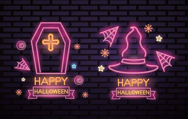 Happy Halloweenfirande Candys Stjärnor Spindelnät Neon Häxa Hatt Grav Vektorillustration — Stock vektor