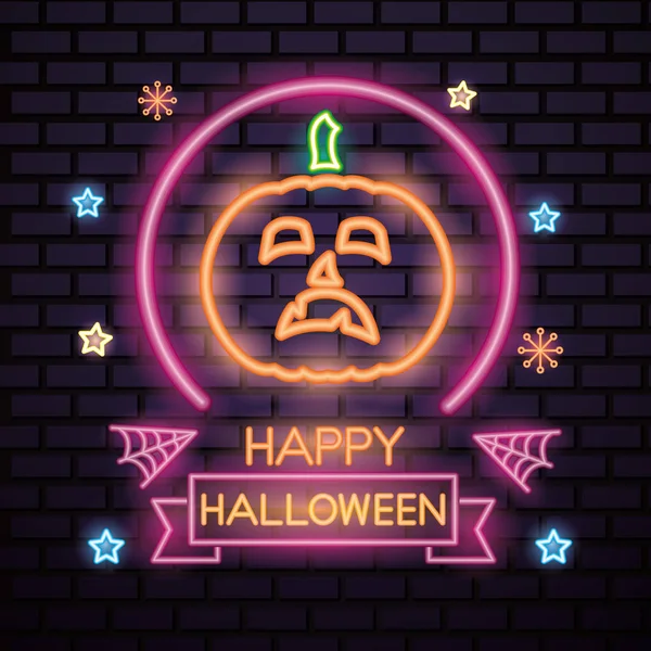 Feliz Halloween Celebración Círculo Neón Triste Calabaza Estrellas Vector Ilustración — Archivo Imágenes Vectoriales