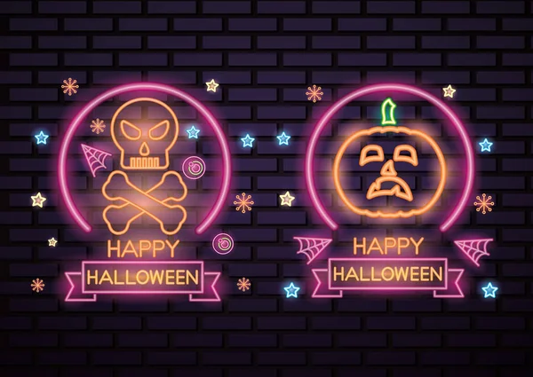 Feliz Halloween Celebração Círculo Neon Crânio Perigo Abóbora Estrelas Vetor — Vetor de Stock