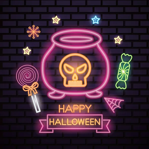 Happy Halloween Celebration Stars Neon Boiler Potion Danger Candys Sweet — Stock Vector