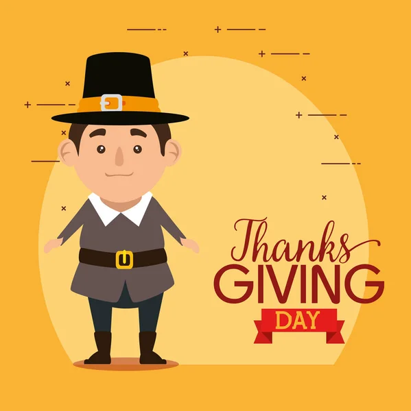 Happy thanks giving card with pilgrim man — Stock Vector