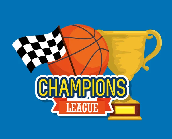 Campeões de taça de troféu esporte com bola de cesta — Vetor de Stock