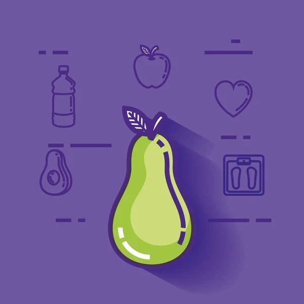 Pear with healthy lifestyle icons — Stock Vector