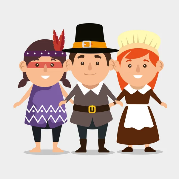 Thanks giving card with pilgrim couple and native — Stock Vector