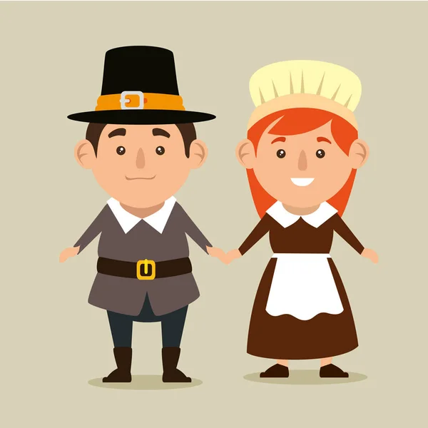 Happy thanks giving card with pilgrim couple — Stock Vector