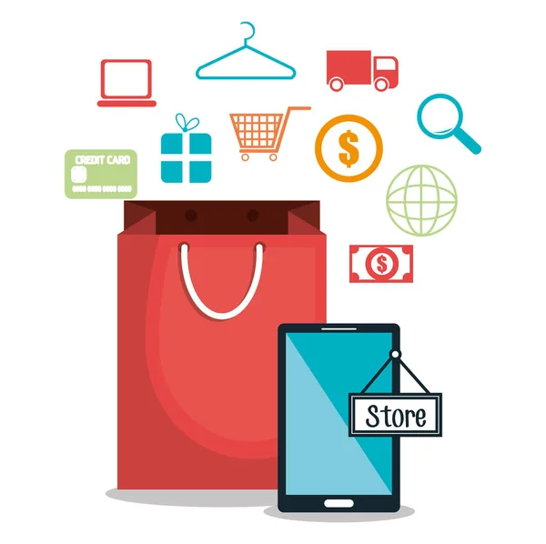 Comprar en línea con bolsa de compras — Vector de stock