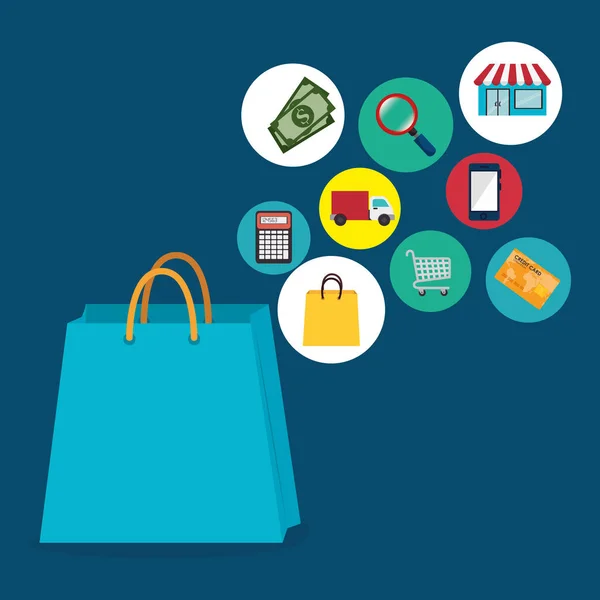 Online kaufen mit Einkaufstasche — Stockvektor