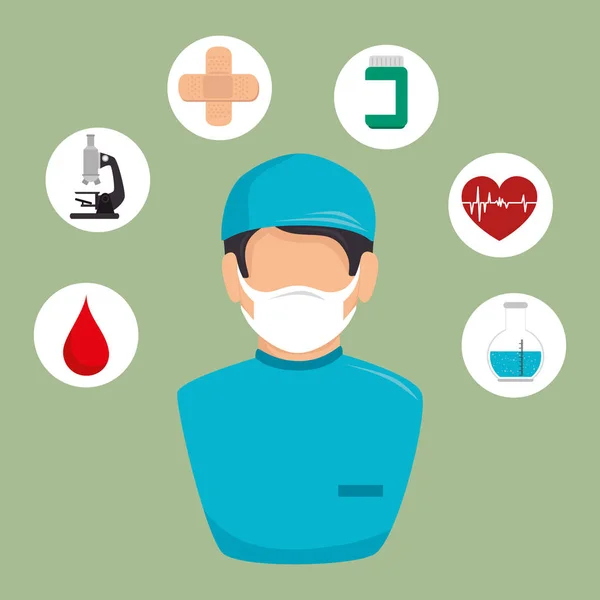 Médecin avec des icônes de soins médicaux — Image vectorielle