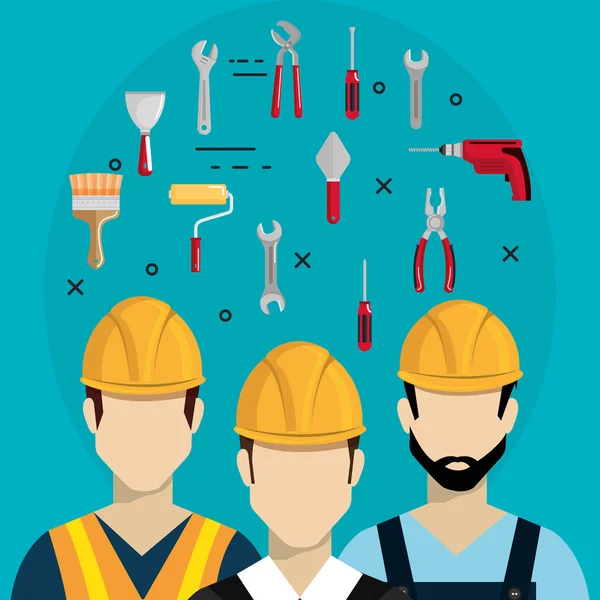 Builders characters with construction equipment — Stock Vector