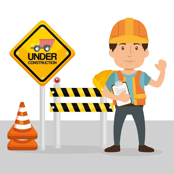 Builder character with construction equipment — Stock Vector