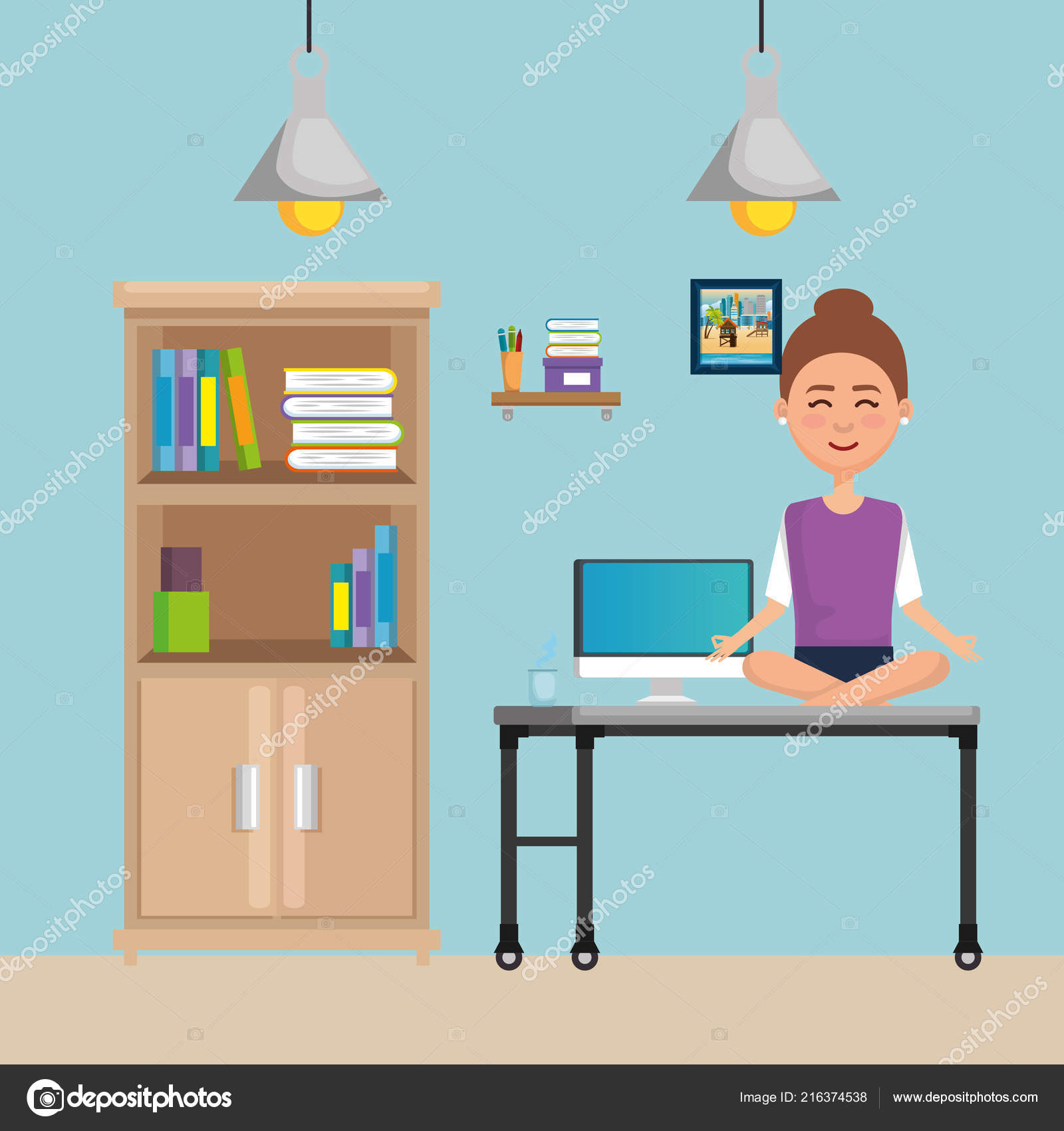 Business Woman Practicing Yoga In Office Desk Stock Vector