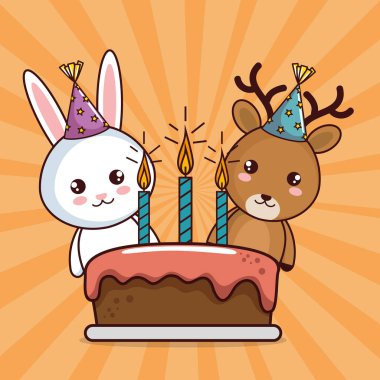 mutlu Doğum günü kartı ile sevimli tavşan ve geyik