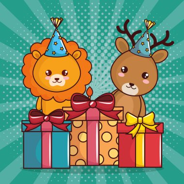 mutlu Doğum günü kartı ile sevimli aslan ve geyik