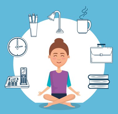 Genç kadın pratik yoga ile vektör çizim tasarım Icons set