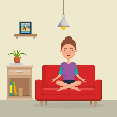 Genç kadın kanepe vektör çizim tasarım Yoga uygulamak