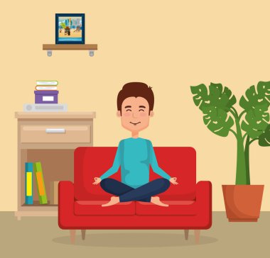 Genç adam kanepede Yoga uygulamak