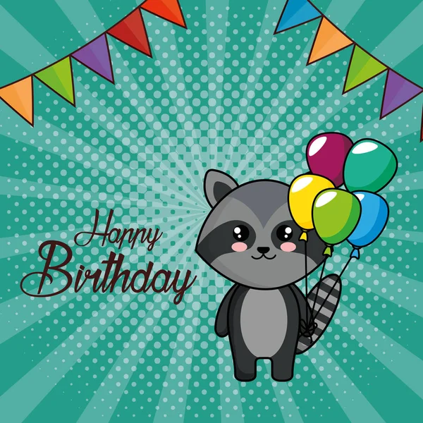 Tarjeta de cumpleaños feliz con mapache lindo — Vector de stock