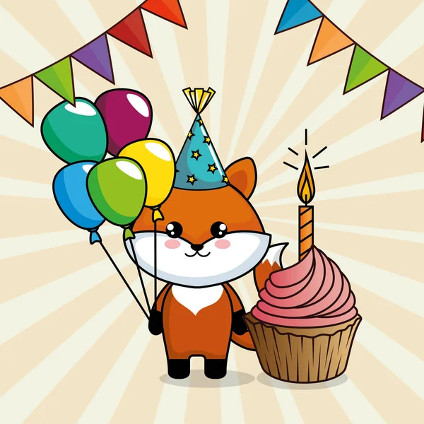 Cartão de aniversário feliz com bonito raposa —  Vetores de Stock