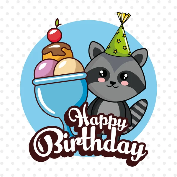 Tarjeta de cumpleaños feliz con mapache lindo — Vector de stock