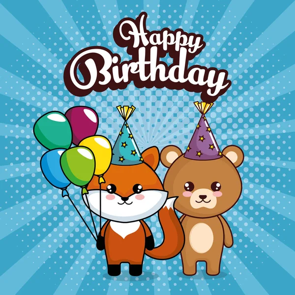 Feliz cumpleaños tarjeta con lindo zorro y oso — Vector de stock