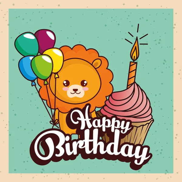 Cartão de aniversário feliz com leão bonito — Vetor de Stock