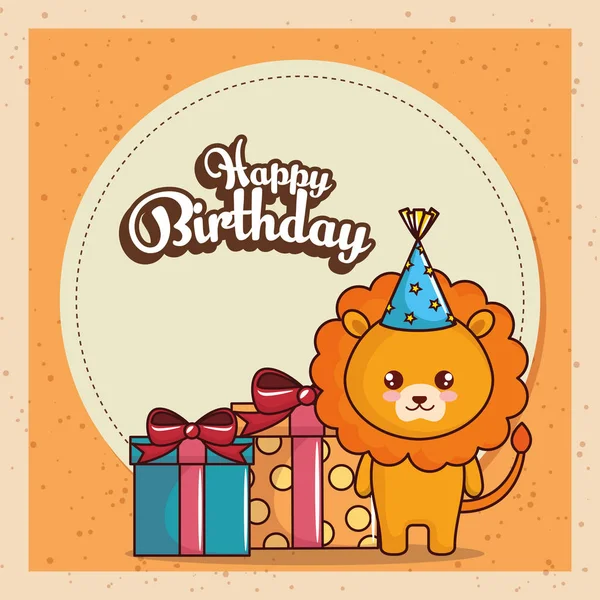 Tarjeta de cumpleaños feliz con león lindo — Vector de stock