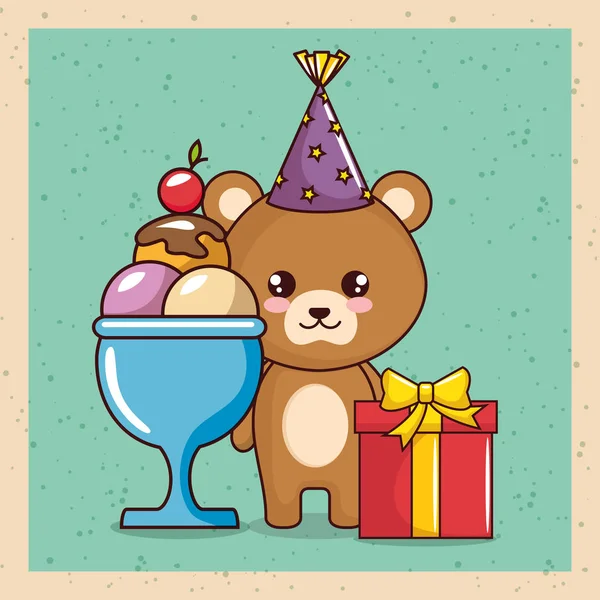 Cartão de aniversário feliz com urso bonito —  Vetores de Stock