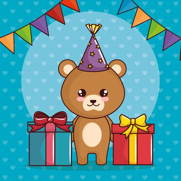Tarjeta de cumpleaños feliz con oso lindo — Vector de stock