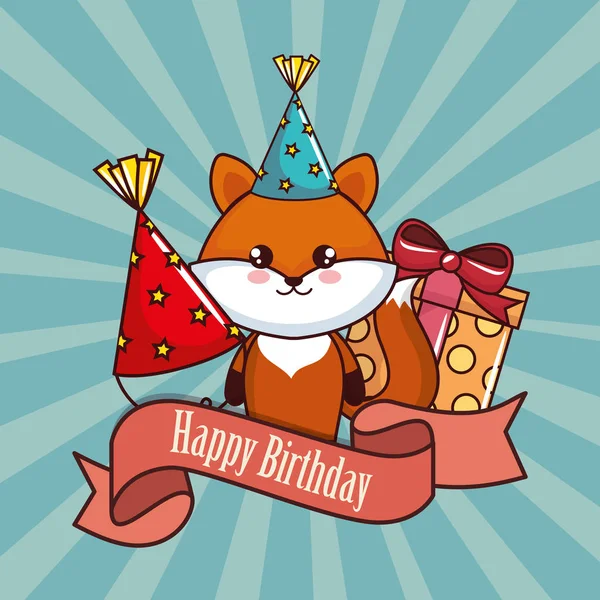 Feliz cumpleaños tarjeta con lindo zorro — Vector de stock