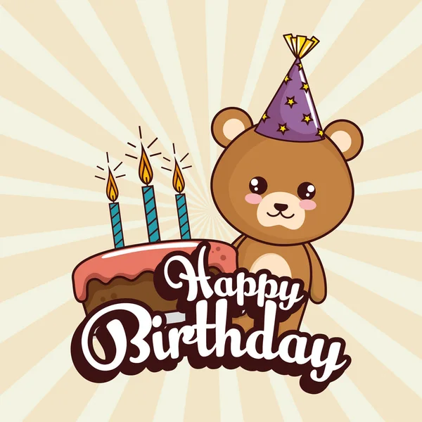 Cartão de aniversário feliz com urso bonito — Vetor de Stock