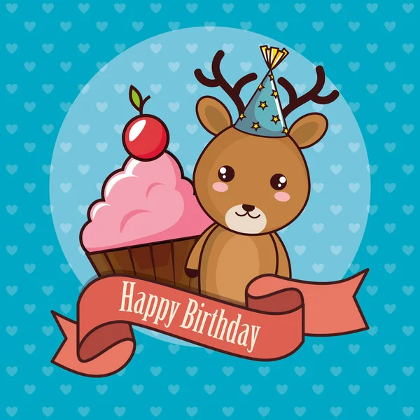 Happy birthday card with cute reindeer — Stock Vector