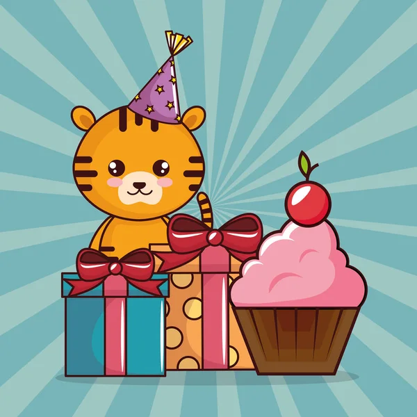 Tarjeta de cumpleaños feliz con tigre lindo — Vector de stock