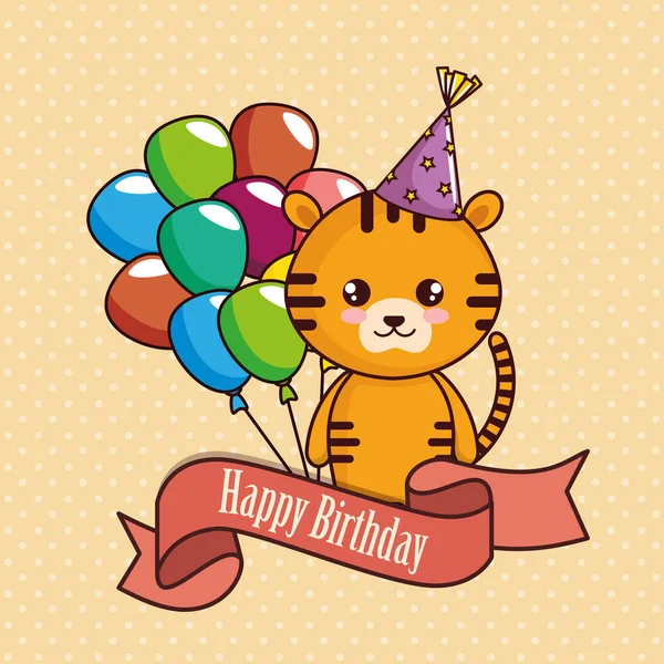 Happy birthday card with cute tiger — Stock Vector