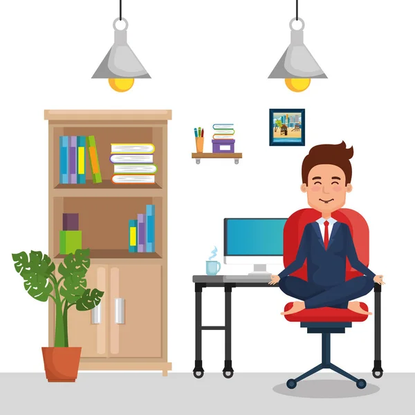 Biznesmen praktykowania jogi w krzesło biurowe — Wektor stockowy