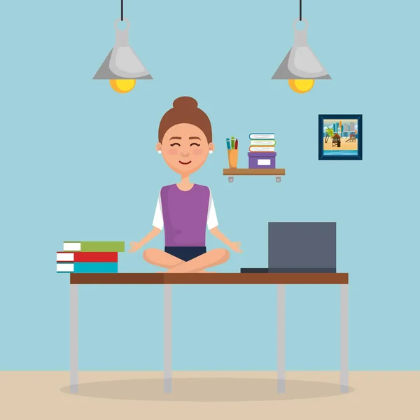 Affärskvinna som utövar yoga i office desk — Stock vektor