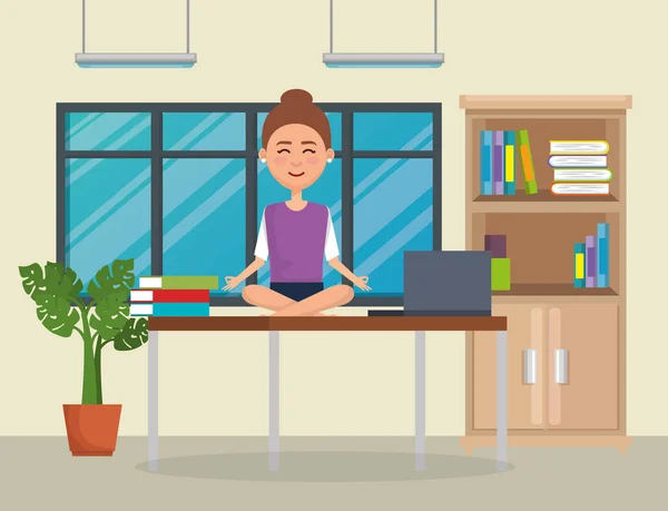 business woman practicing yoga in office desk