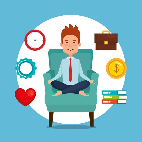 Business man practicing yoga in the sofa — Stock Vector