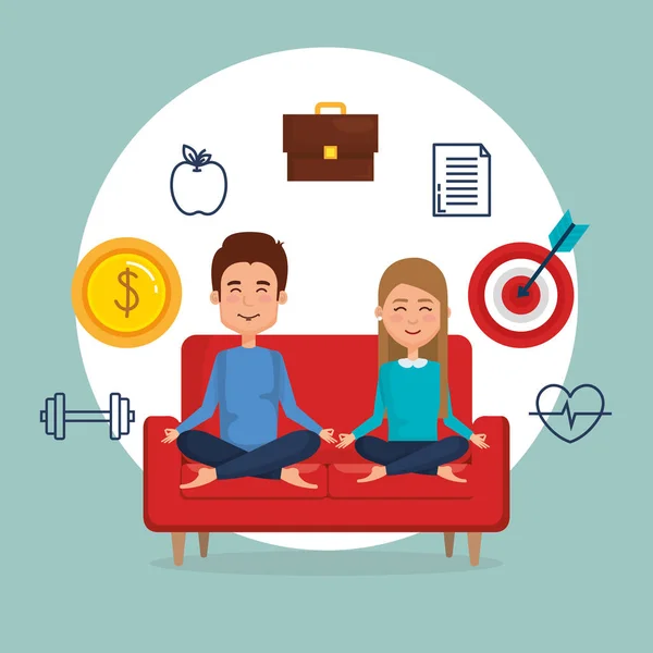 Jeune couple pratiquant le yoga sur le canapé — Image vectorielle