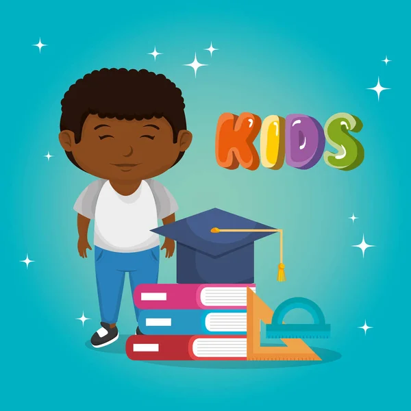 Pequeño colegial afro con material educativo — Vector de stock