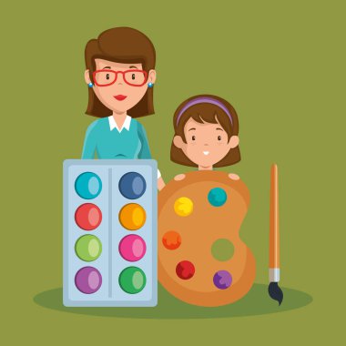 küçük kız öğretmen ve okul malzemeleri