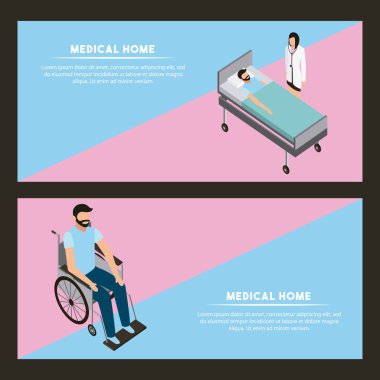 tıbbi sağlık afiş hasta sedye erkek bir tekerlekli sandalye vektör çizim