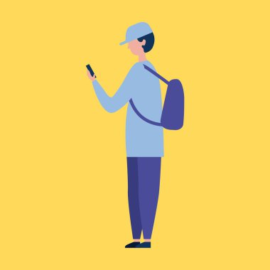 şapka çanta kullanarak ve telefon vektör çizim tutarak açık hava etkinlikleri adam