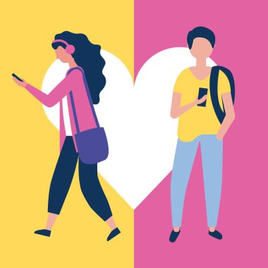 açık hava etkinlikleri kalp sevmek kadın ve telefon vektör çizim kullanan adam