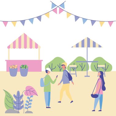açık hava etkinlikleri flamalar gıda araba park kız erkek zevk vektör çizim